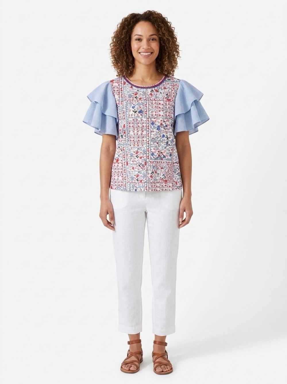 Letmebe Women’s Floral Patchwork Flutter Sleeve Blouse Top Red White & Blue Sz L